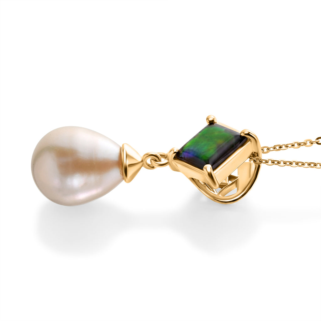D'Joy - Ammolite & Fresh Water Pearl Drop Pendant with Chain (Size 20) in 18K Vermeil Yellow Gold Plated Sterling Silver 10.70 Ct._4483130_3