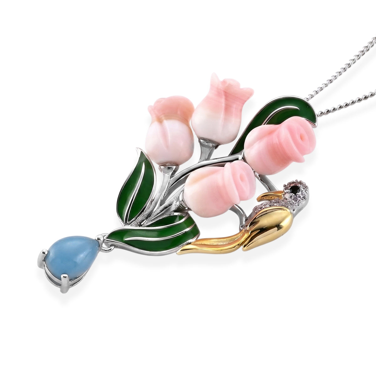 Jardin Collection - Multi-Gemstone Floral Drop Pendant with Chain (Size 18) in Rhodium Overlay Sterling Silver 14.50 Ct. V32519397 4