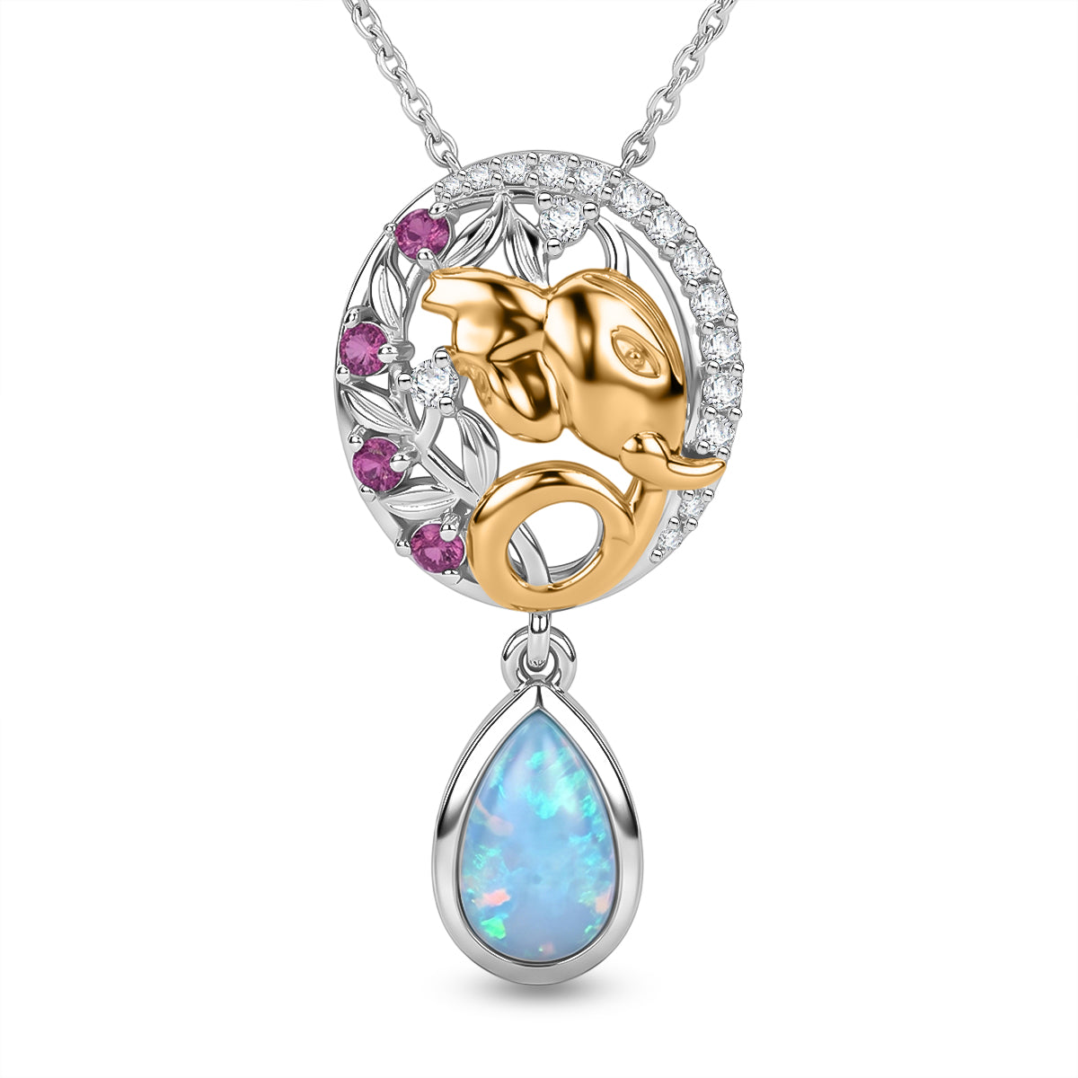 D'Joy - Ethiopian Opal, Rhodolite Garnet &amp; White Zircon Drop Pendant with Chain (Size 20) in 18K Vermeil Yellow Gold Plated &amp; Rhodium Overlay Sterling Silver 1.50 Ct. V32513517 0
