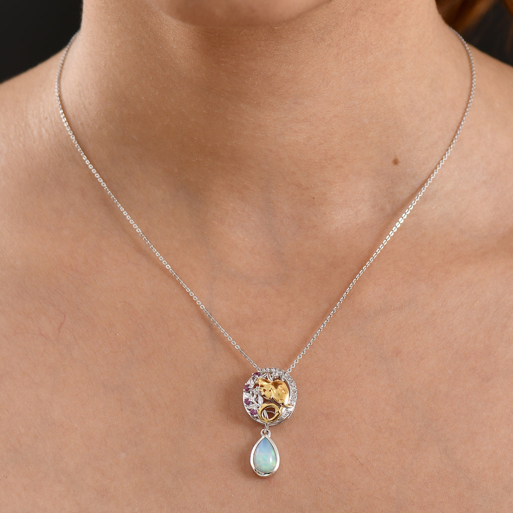 D'Joy - Ethiopian Opal, Rhodolite Garnet & White Zircon Drop Pendant with Chain (Size 20) in 18K Vermeil Yellow Gold Plated & Rhodium Overlay Sterling Silver 1.50 Ct._4483353_1