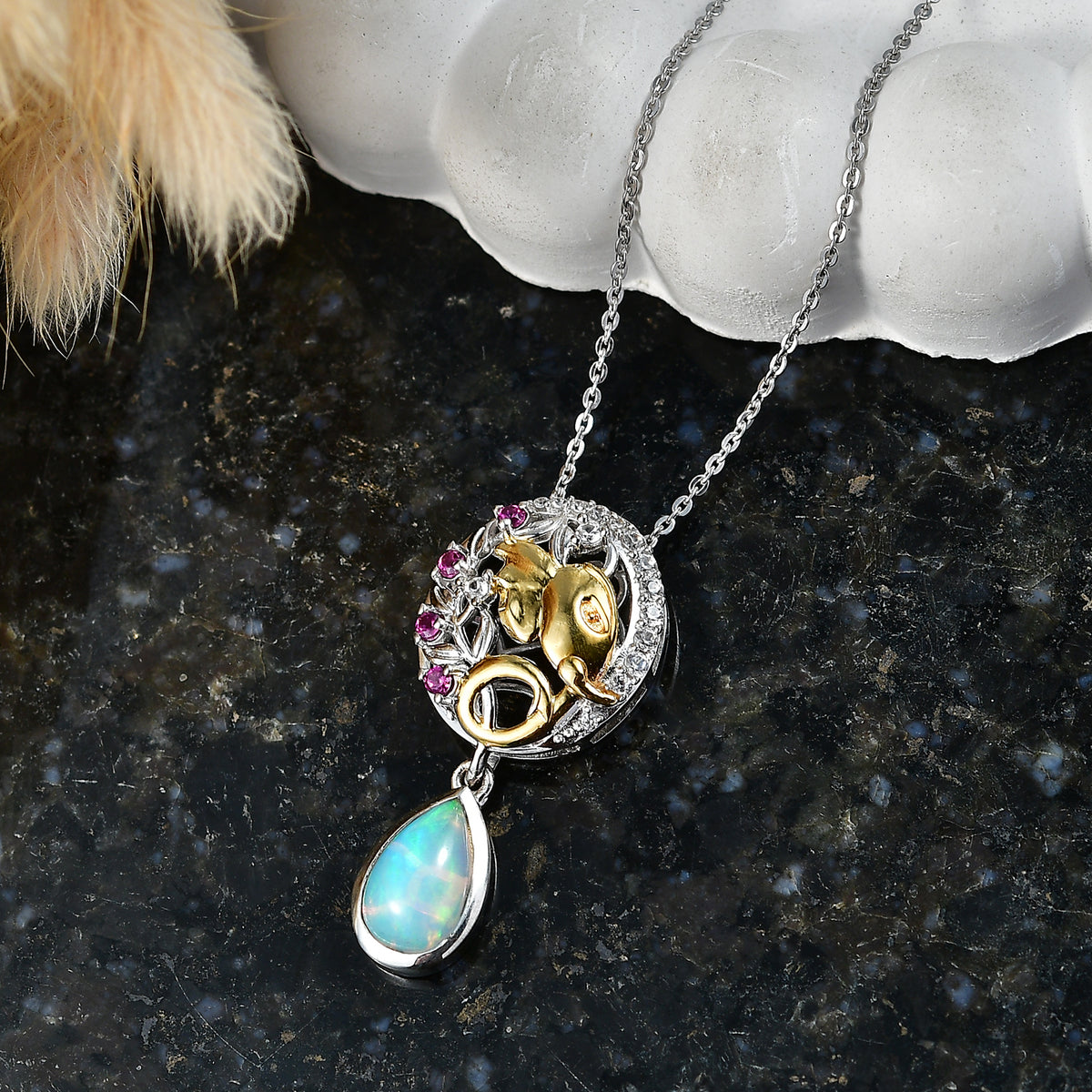D'Joy - Ethiopian Opal, Rhodolite Garnet &amp; White Zircon Drop Pendant with Chain (Size 20) in 18K Vermeil Yellow Gold Plated &amp; Rhodium Overlay Sterling Silver 1.50 Ct. V32513517 3