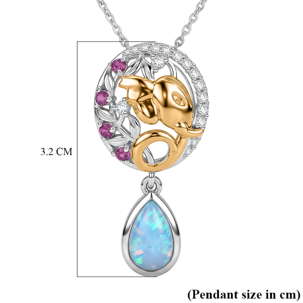 D'Joy - Ethiopian Opal, Rhodolite Garnet & White Zircon Drop Pendant with Chain (Size 20) in 18K Vermeil Yellow Gold Plated & Rhodium Overlay Sterling Silver 1.50 Ct._4483353_5