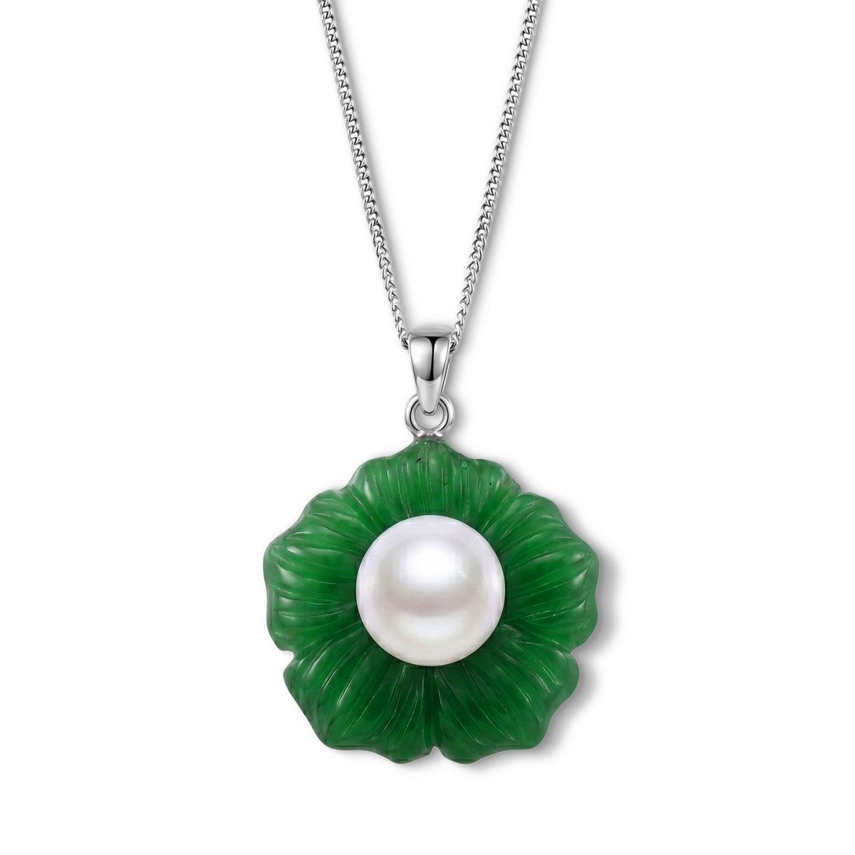 D'Joy - White Edison Pearl (10-11mm) &amp; Dyed Green Jade Booming Flower Pendant with Chain (Size 18) in Rhodium Overlay Sterling Silver 31.70 Ct. 4483380 0