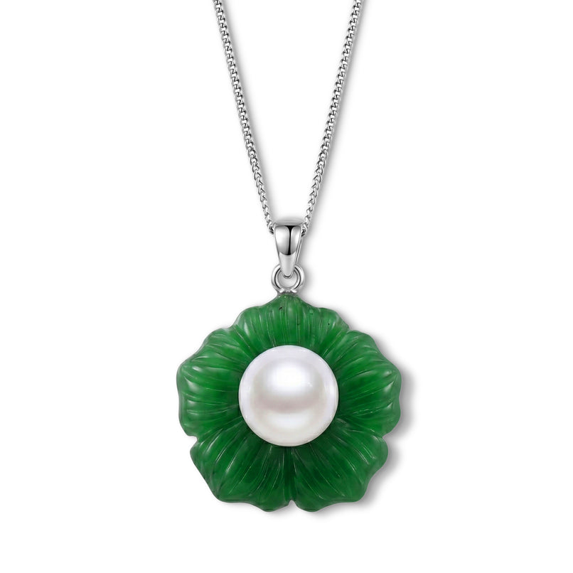 D'Joy - White Edison Pearl (10-11mm) & Dyed Green Jade Booming Flower Pendant with Chain (Size 18) in Rhodium Overlay Sterling Silver 31.70 Ct._4483380