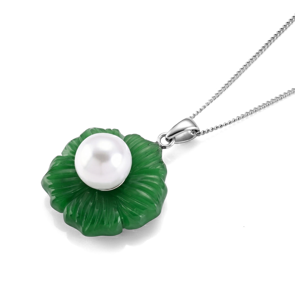 D'Joy - White Edison Pearl (10-11mm) &amp; Dyed Green Jade Booming Flower Pendant with Chain (Size 18) in Rhodium Overlay Sterling Silver 31.70 Ct. 4483380 4