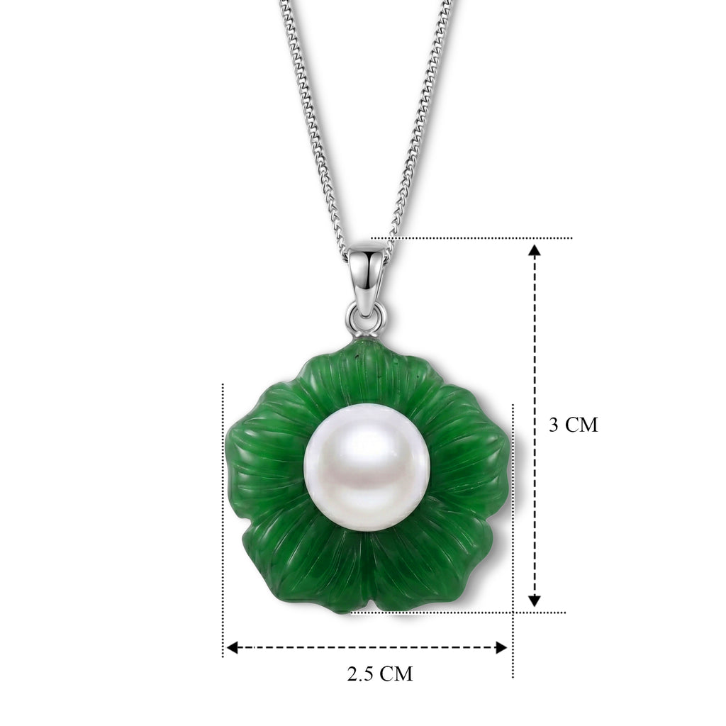 D'Joy - White Edison Pearl (10-11mm) & Dyed Green Jade Booming Flower Pendant with Chain (Size 18) in Rhodium Overlay Sterling Silver 31.70 Ct._4483380_5