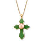 D'Joy - Peach Edison Pearl (9-10mm) & Dyed Green Jade Cross Pendant with Chain (Size 18) in Yellow Gold Plated Sterling Silver 16.70 Ct._4483389
