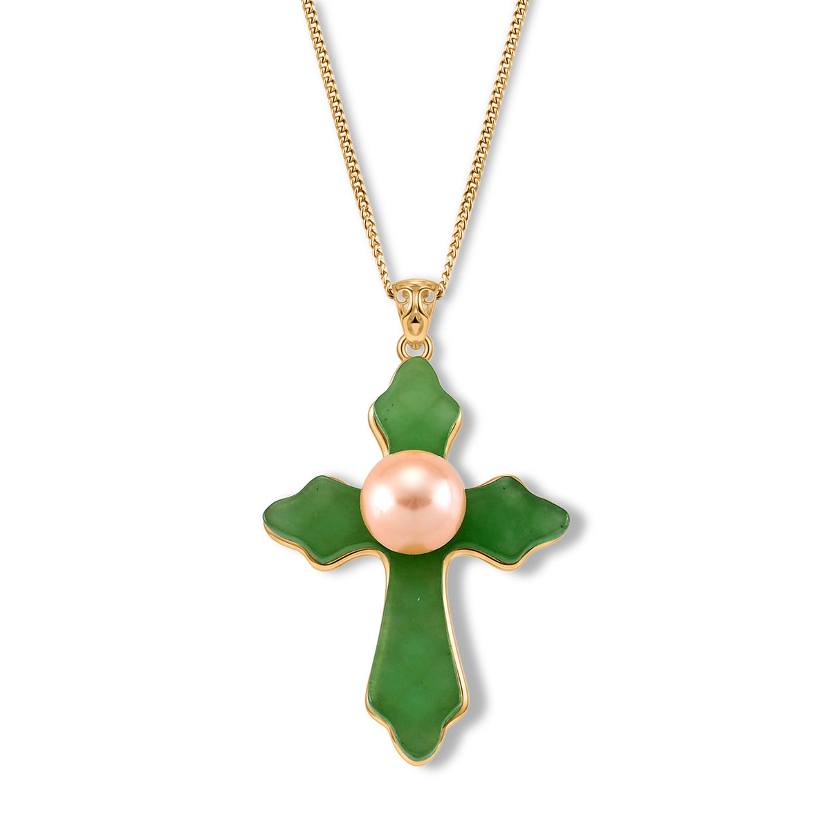 D'Joy - Peach Edison Pearl (9-10mm) &amp; Dyed Green Jade Cross Pendant with Chain (Size 18) in Yellow Gold Plated Sterling Silver 16.70 Ct. 4483389 0