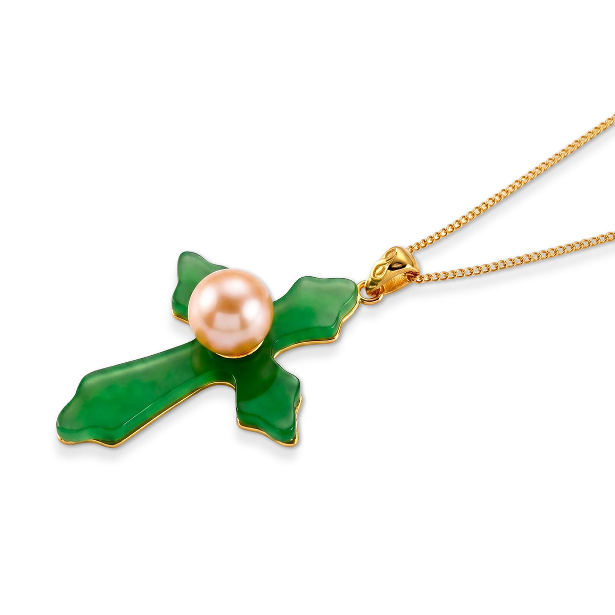 D'Joy - Peach Edison Pearl (9-10mm) &amp; Dyed Green Jade Cross Pendant with Chain (Size 18) in Yellow Gold Plated Sterling Silver 16.70 Ct. 4483389 4