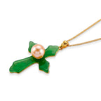 D'Joy - Peach Edison Pearl (9-10mm) & Dyed Green Jade Cross Pendant with Chain (Size 18) in Yellow Gold Plated Sterling Silver 16.70 Ct._4483389_3