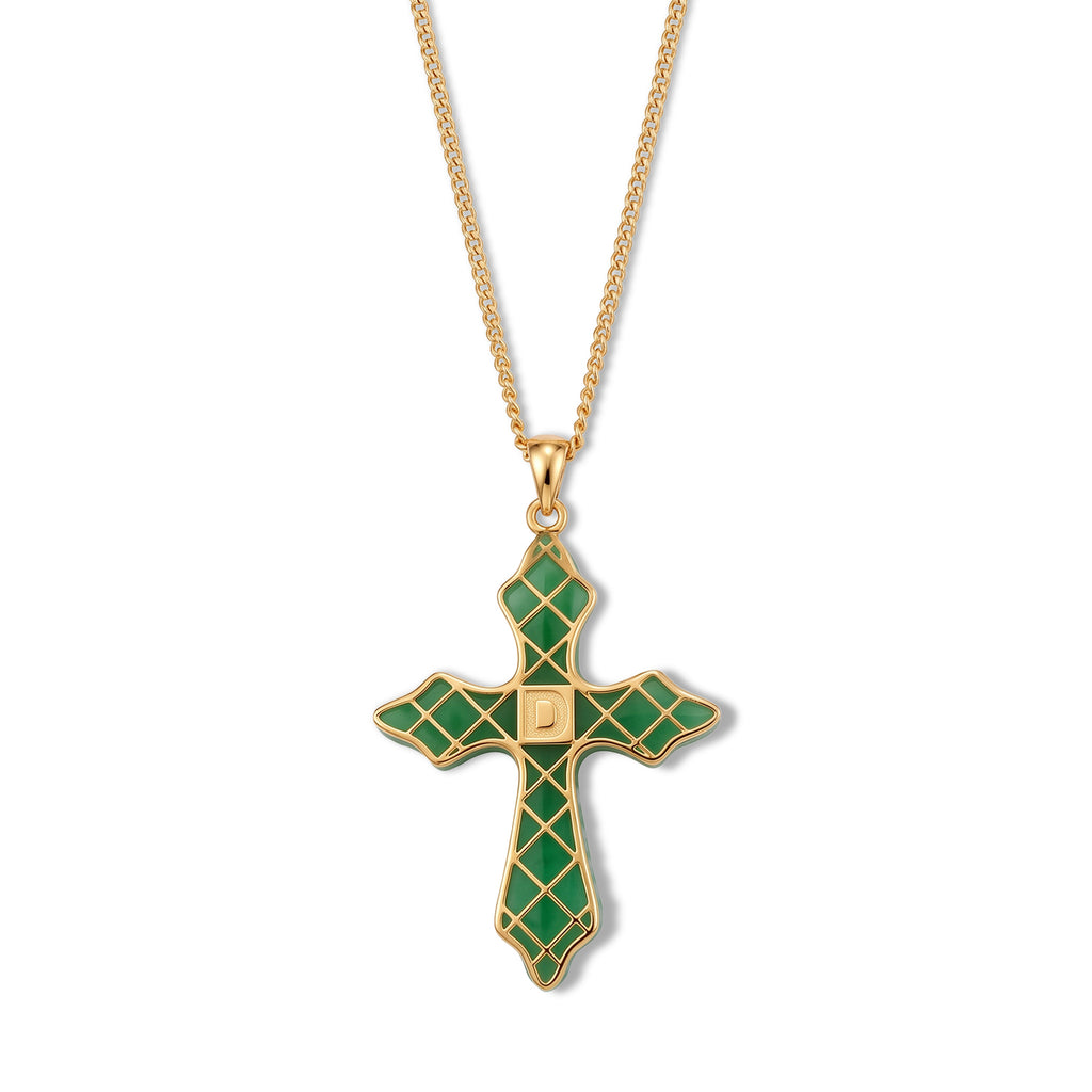 D'Joy - Peach Edison Pearl (9-10mm) & Dyed Green Jade Cross Pendant with Chain (Size 18) in Yellow Gold Plated Sterling Silver 16.70 Ct._4483389_4