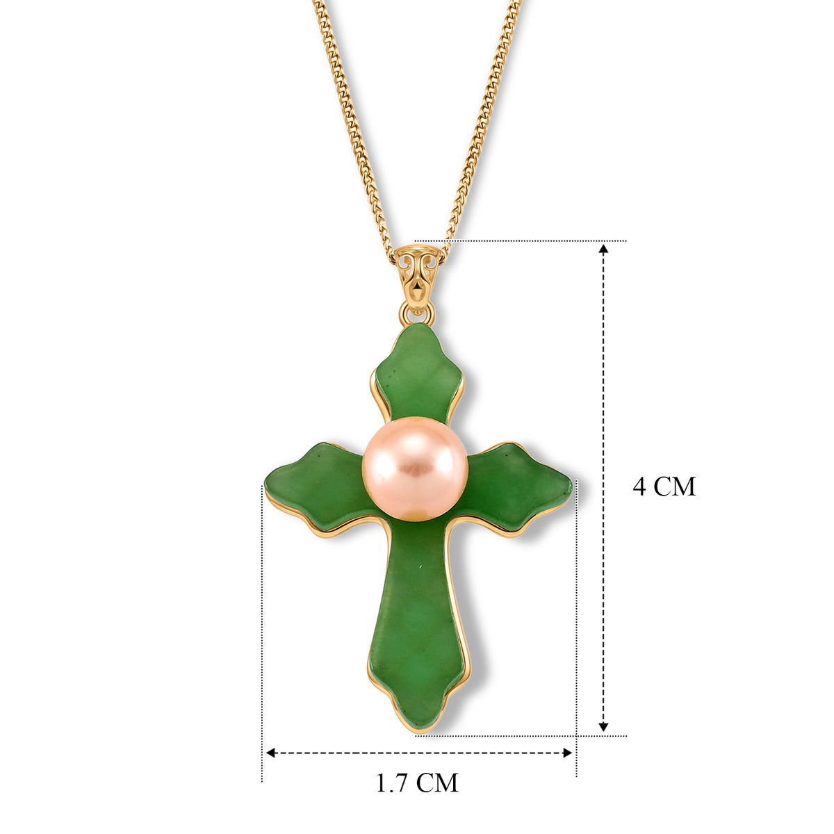 D'Joy - Peach Edison Pearl (9-10mm) &amp; Dyed Green Jade Cross Pendant with Chain (Size 18) in Yellow Gold Plated Sterling Silver 16.70 Ct. 4483389 6