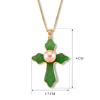 D'Joy - Peach Edison Pearl (9-10mm) & Dyed Green Jade Cross Pendant with Chain (Size 18) in Yellow Gold Plated Sterling Silver 16.70 Ct._4483389_5