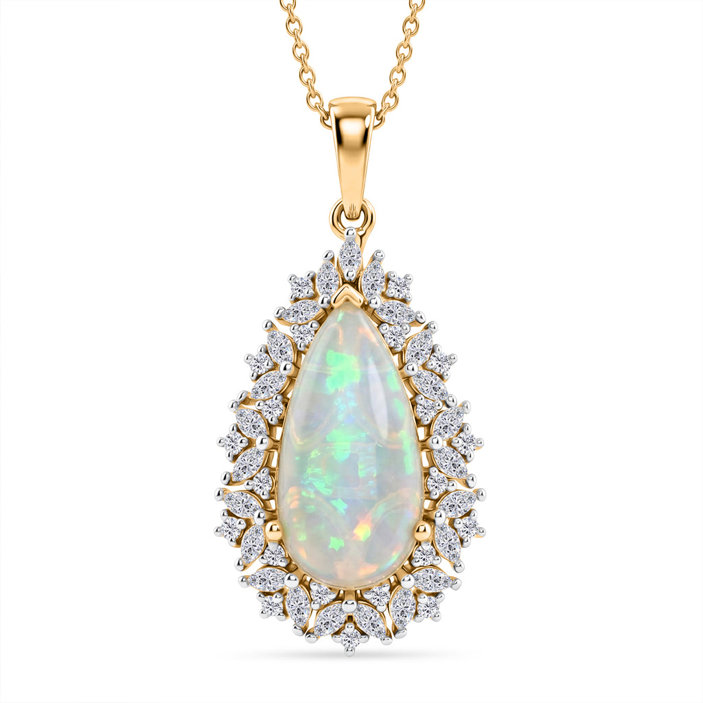 Ethiopian Opal,  Moissanite Pendant with Chain (Size 20) in 18K YG Vermeil Sterling Silver 1.15 ct  Silver Wt. 5.75 Gms  5.260  Ct._4484569