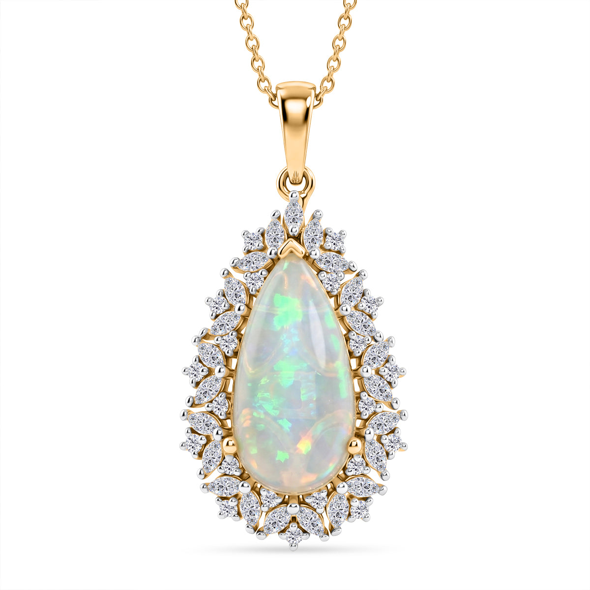 D'Joy AAA 5.2 Ct. Ethiopian Opal, Moissanite Halo Pendant with Chain (Size 20) in 18K Vermeil Yellow Gold Plated Sterling Silver V32717608 0