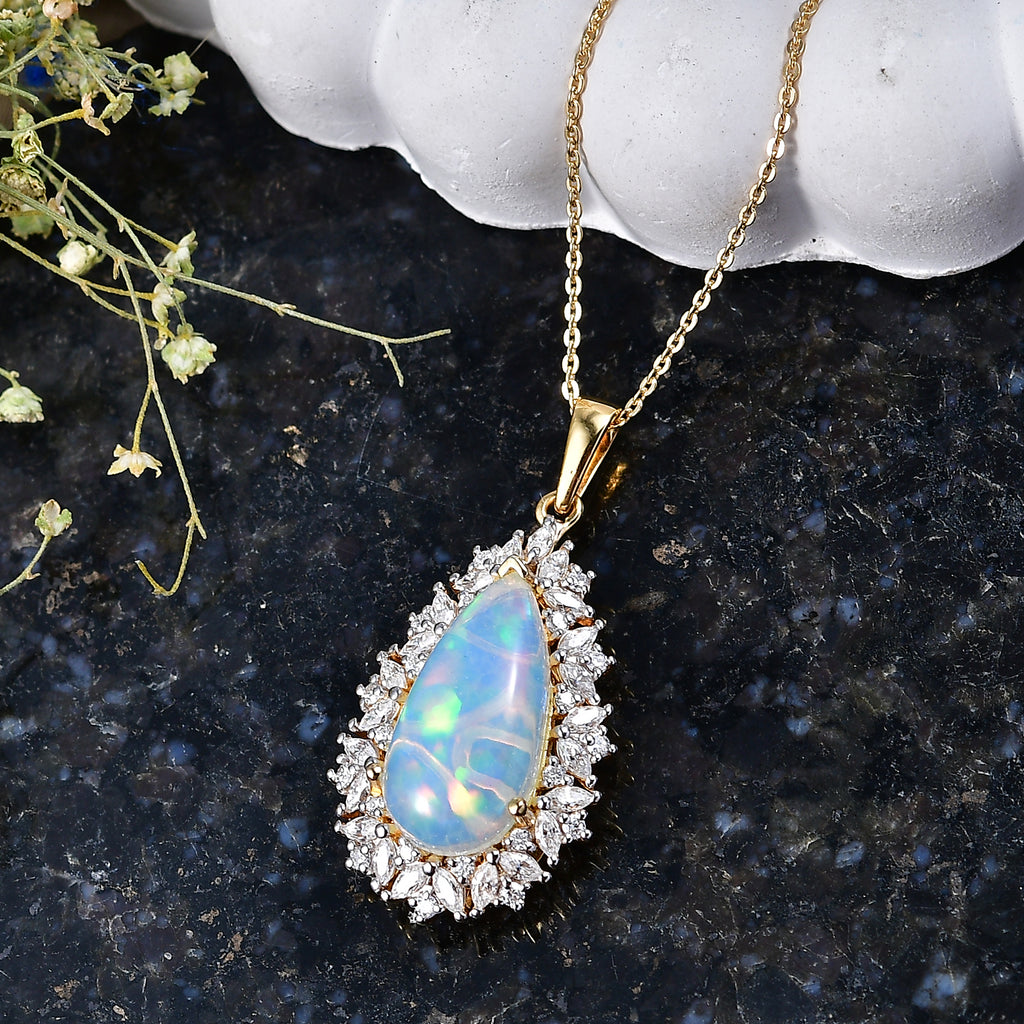 Ethiopian Opal,  Moissanite Pendant with Chain (Size 20) in 18K YG Vermeil Sterling Silver 1.15 ct  Silver Wt. 5.75 Gms  5.260  Ct._4484569_2