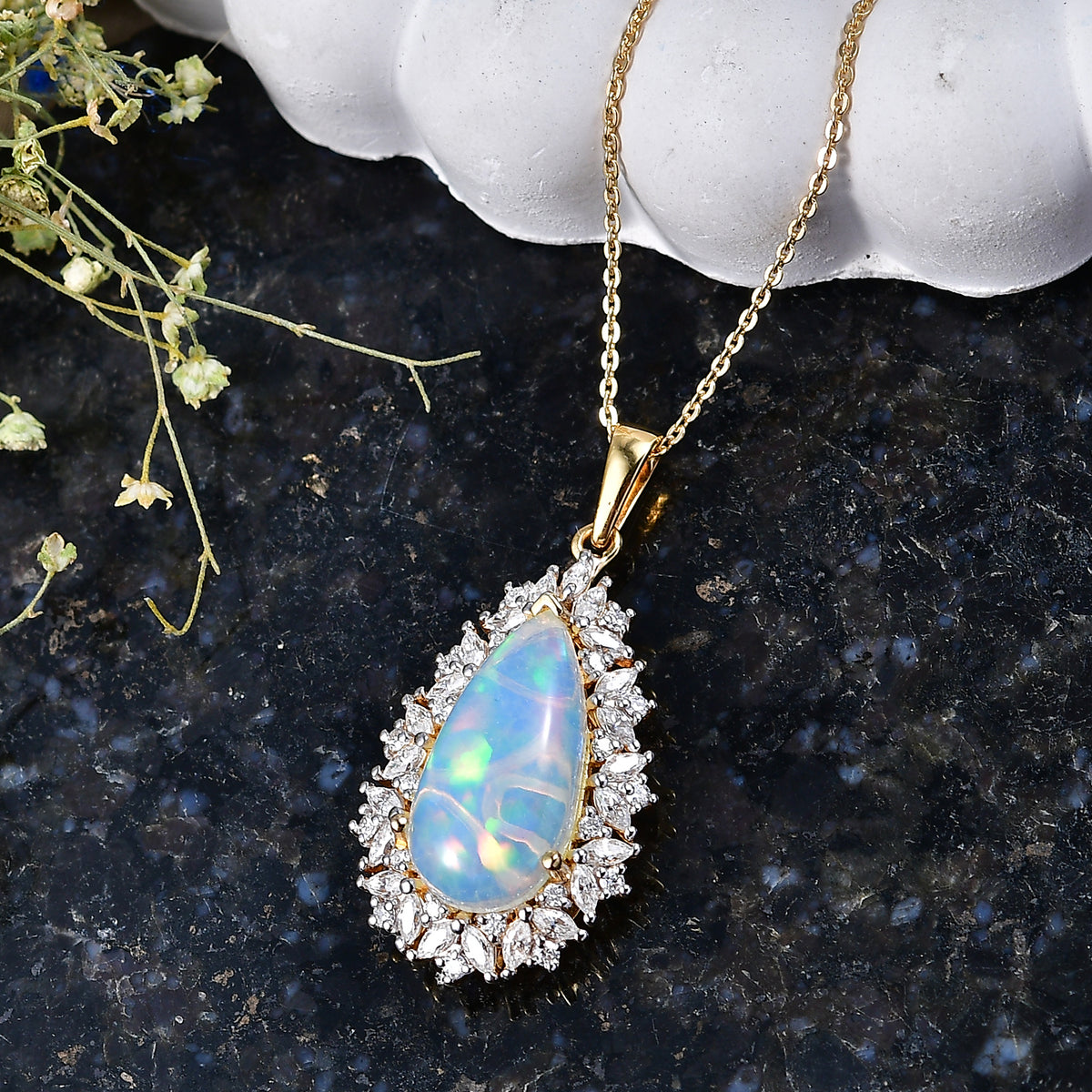 D'Joy AAA 5.2 Ct. Ethiopian Opal, Moissanite Halo Pendant with Chain (Size 20) in 18K Vermeil Yellow Gold Plated Sterling Silver V32717608 3