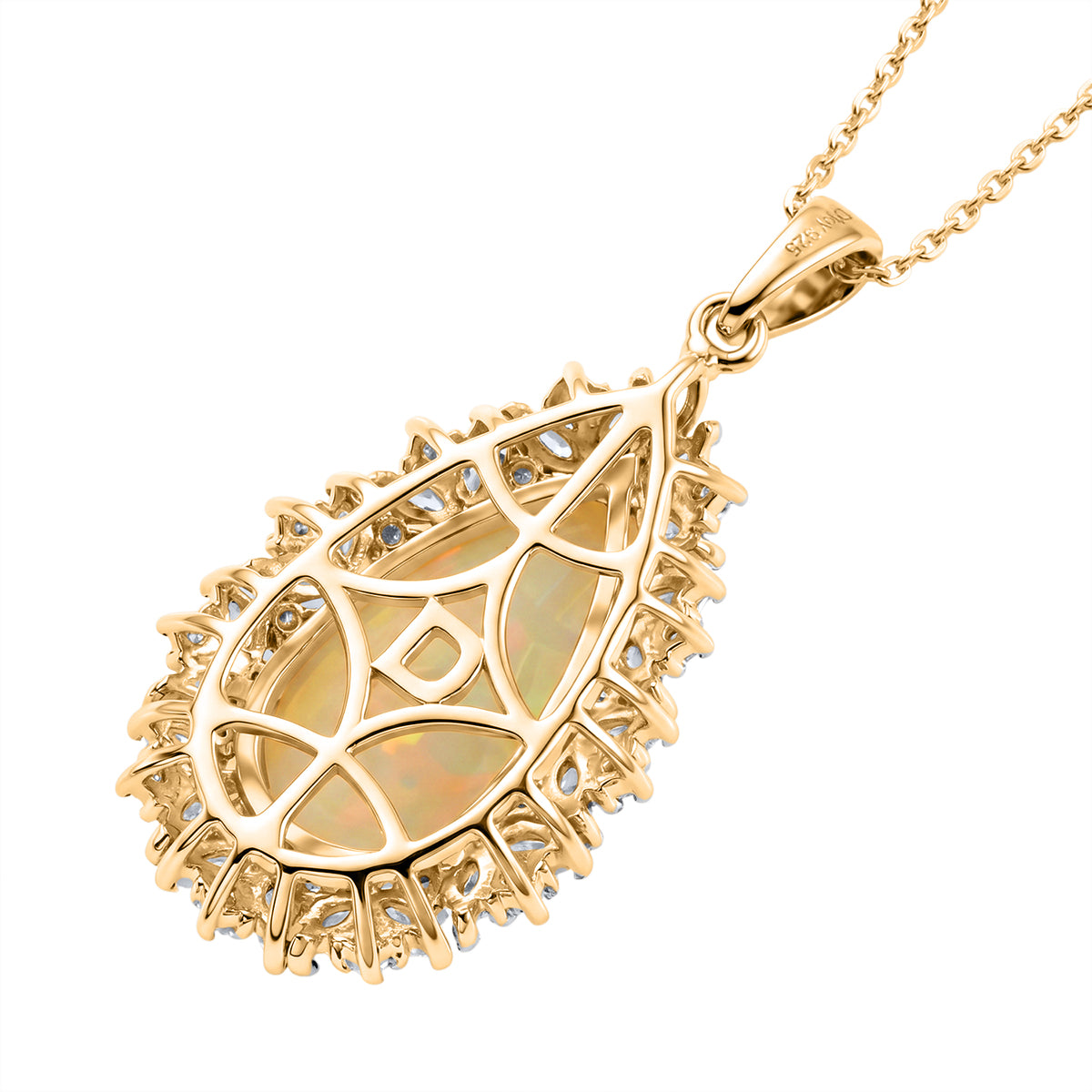 D'Joy AAA 5.2 Ct. Ethiopian Opal, Moissanite Halo Pendant with Chain (Size 20) in 18K Vermeil Yellow Gold Plated Sterling Silver V32717608 5
