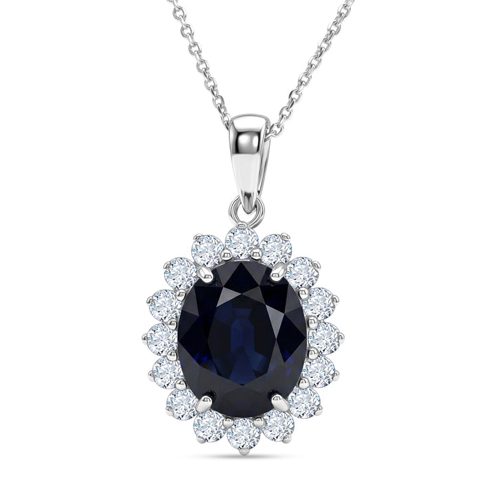 Luxuriant - Kanchanaburi Blue Sapphire (Oval 12x10 mm, 7.10Cts) &amp; Lab Grown Diamond (SI- G-H, 1.00Cts) Halo Pendant with Chain (Size - 20) in Rhodium Overlay Sterling Silver 6.75 Ct. 4484961 1