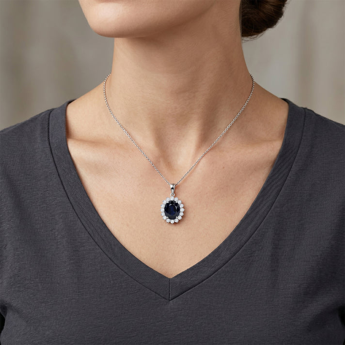 Luxuriant - Kanchanaburi Blue Sapphire (Oval 12x10 mm, 7.10Cts) &amp; Lab Grown Diamond (SI- G-H, 1.00Cts) Halo Pendant with Chain (Size - 20) in Rhodium Overlay Sterling Silver 6.75 Ct. 4484961 2