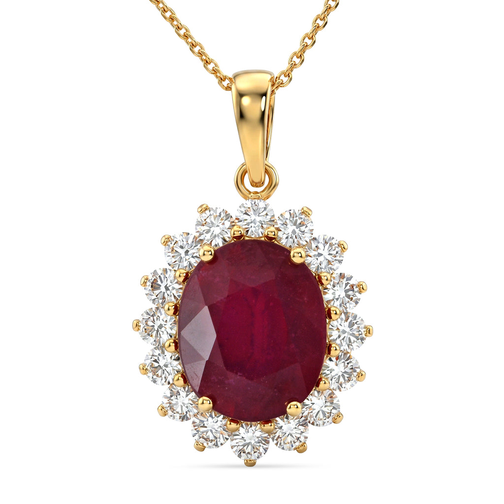 Luxuriant - African Ruby (7.15 Ct) & Lab Grown Diamond (1.00 Ct) Halo Pendant with Chain (Size 20) in 18K Vermeil Yellow Gold Plated Sterling Silver 8.40 Ct._4484973