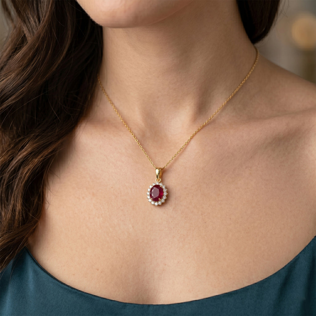 Luxuriant - African Ruby (7.15 Ct) & Lab Grown Diamond (1.00 Ct) Halo Pendant with Chain (Size 20) in 18K Vermeil Yellow Gold Plated Sterling Silver 8.40 Ct._4484973_1