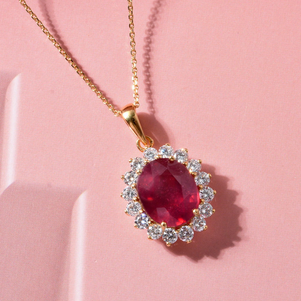 Luxuriant - African Ruby (7.15 Ct) & Lab Grown Diamond (1.00 Ct) Halo Pendant with Chain (Size 20) in 18K Vermeil Yellow Gold Plated Sterling Silver 8.40 Ct._4484973_2