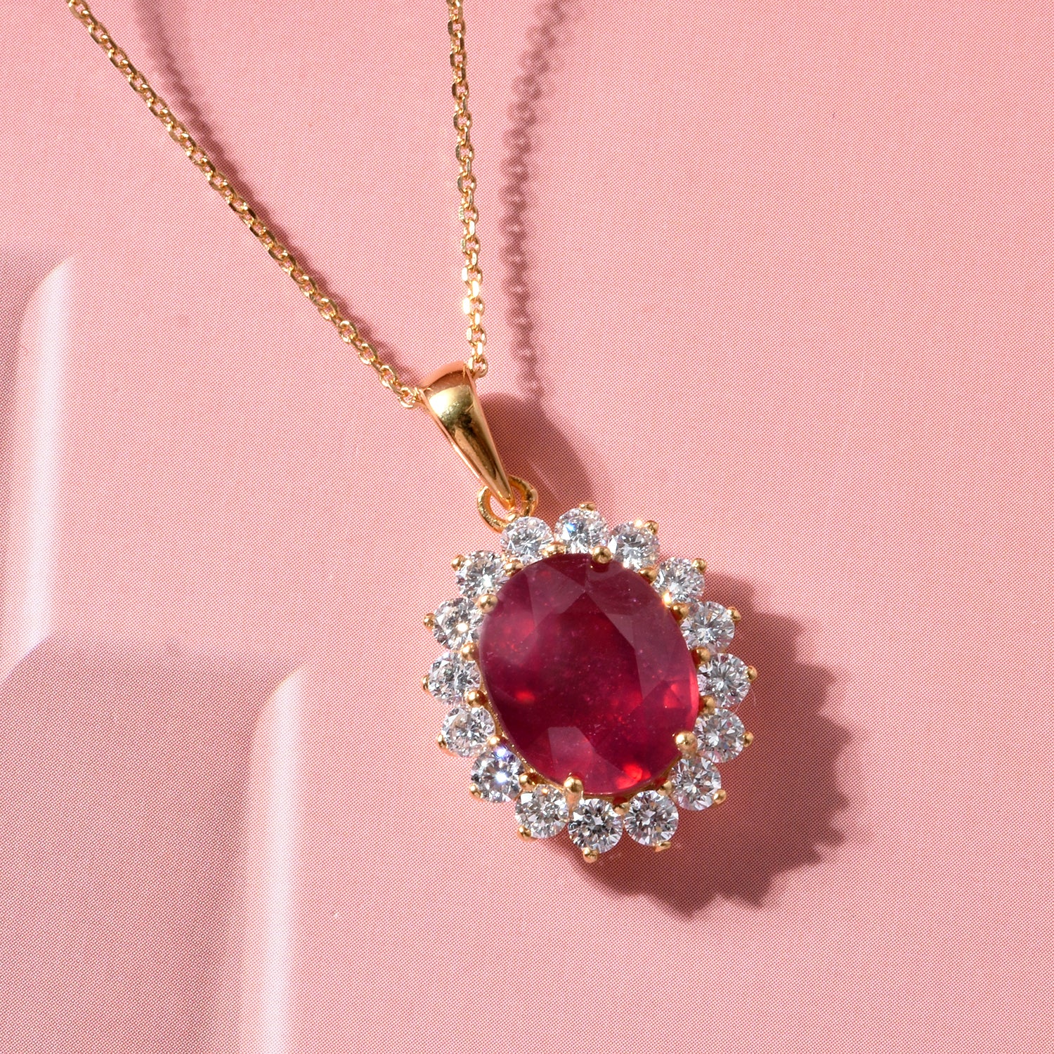 Luxuriant - African Ruby (7.15 Ct) &amp; Lab Grown Diamond (1.00 Ct) Halo Pendant with Chain (Size 20) in 18K Vermeil Yellow Gold Plated Sterling Silver 8.40 Ct. 4484973 3