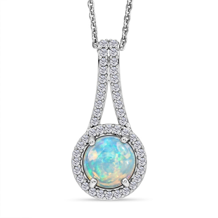 D'Joy - Ethiopian Opal &amp; White Zircon Halo Drop Pendant with Chain (Size 20) in Rhodium Overlay Sterling Silver 1.34 Ct. 4484978 1