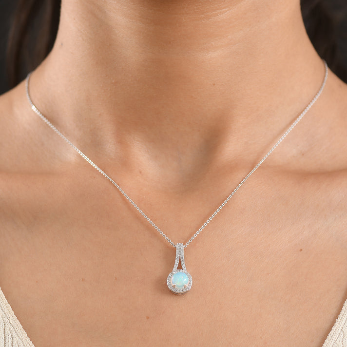 D'Joy - Ethiopian Opal &amp; White Zircon Halo Drop Pendant with Chain (Size 20) in Rhodium Overlay Sterling Silver 1.34 Ct. 4484978 2