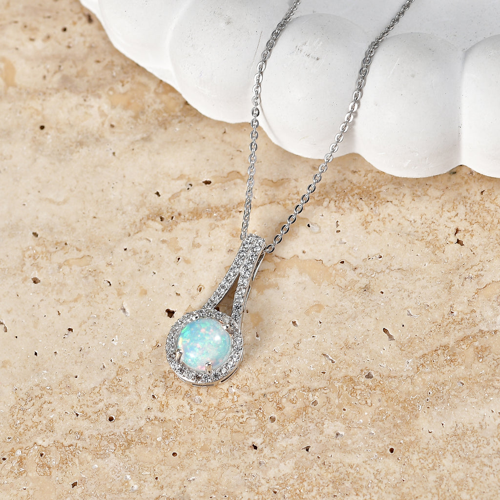 D'Joy - Ethiopian Opal & White Zircon Halo Drop Pendant with Chain (Size 20) in Rhodium Overlay Sterling Silver 1.34 Ct._4484978_2