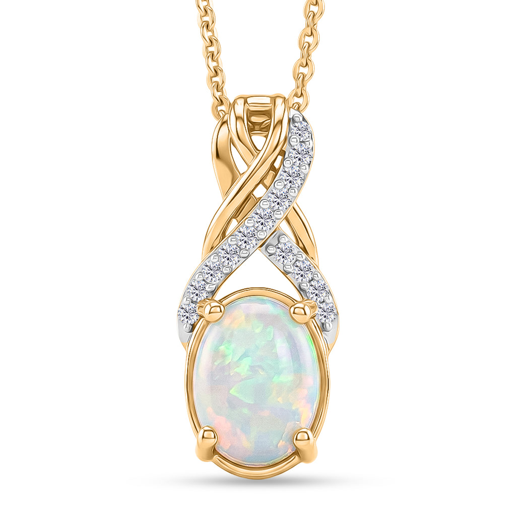 D'Joy - Ethiopian Opal & White Zircon Pendant with Chain (Size 20) in Yellow Gold Plated Sterling Silver 1.06 Ct._4484983