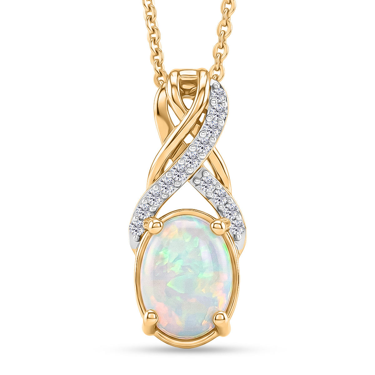 D'Joy - Ethiopian Opal &amp; White Zircon Twisted Infinity Pendant with Chain (Size 20) in Yellow Gold Plated Sterling Silver 1.06 Ct. V32518215 0