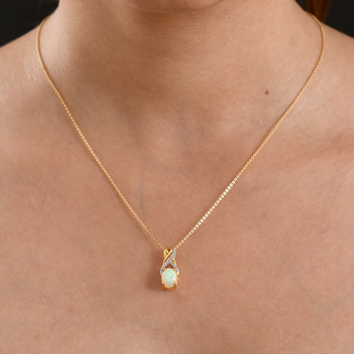 D'Joy - Ethiopian Opal &amp; White Zircon Twisted Infinity Pendant with Chain (Size 20) in Yellow Gold Plated Sterling Silver 1.06 Ct. V32518215 2