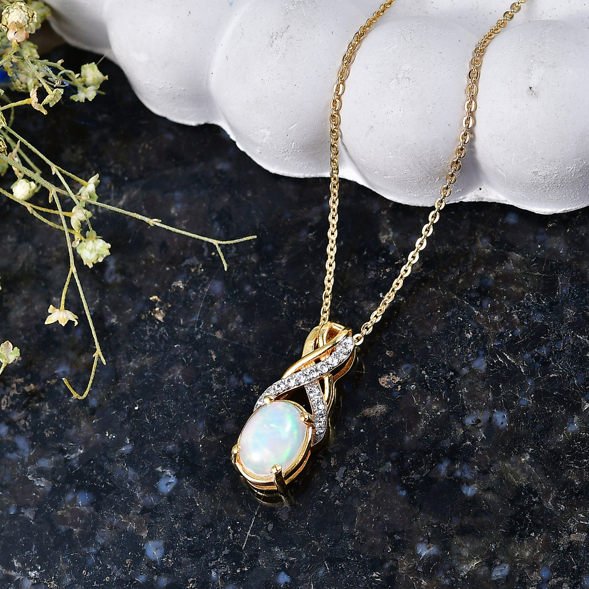 D'Joy - Ethiopian Opal &amp; White Zircon Twisted Infinity Pendant with Chain (Size 20) in Yellow Gold Plated Sterling Silver 1.06 Ct. V32518215 3