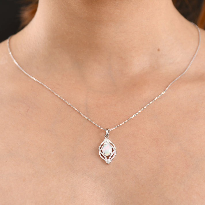 Luxuriant - Ethiopian Opal &amp; Lab Grown Diamond (SI-G-H) Pendant with Chain (Size 20) in Platinum Overlay Sterling Silver 0.88 Ct. 4485108 2