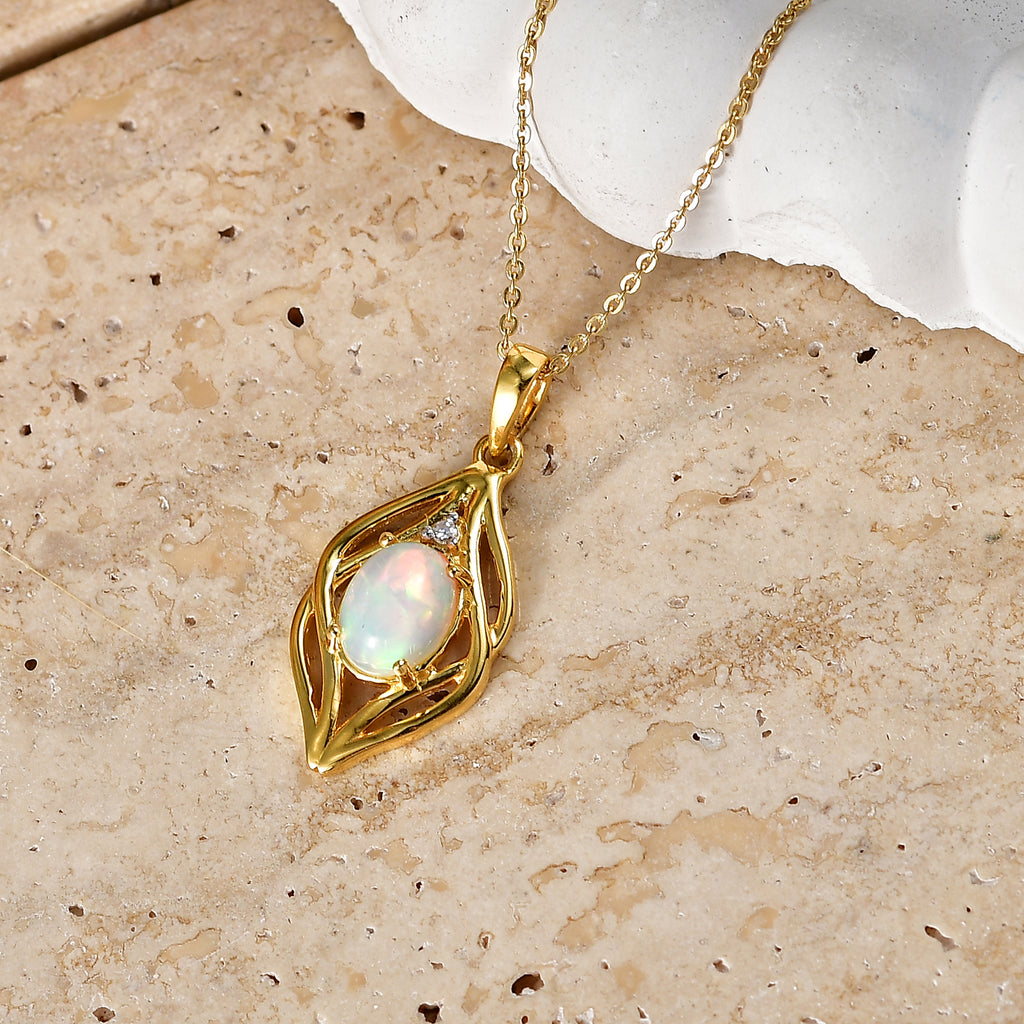 Luxuriant - Ethiopian Opal & Lab Grown Diamond (SI/G-H) Pendant with Chain (Size 20) in Yellow Gold Plated Sterling Silver 0.88 Ct._4485109_2