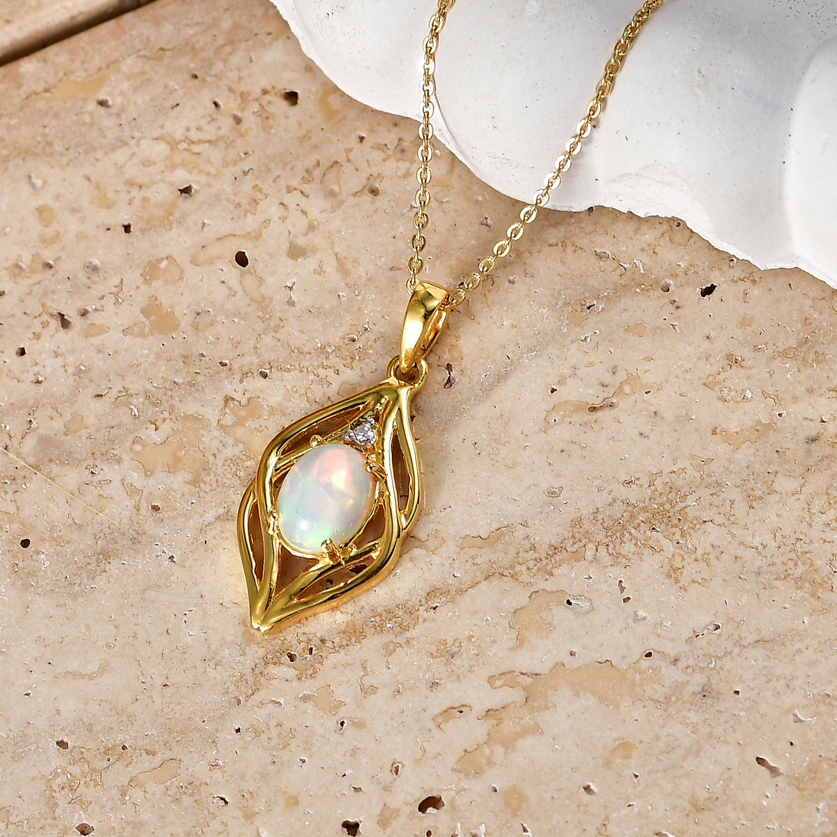 Luxuriant - Ethiopian Opal &amp; Lab Grown Diamond (SI/G-H) Pendant with Chain (Size 20) in Yellow Gold Plated Sterling Silver 0.88 Ct. V32605493 3