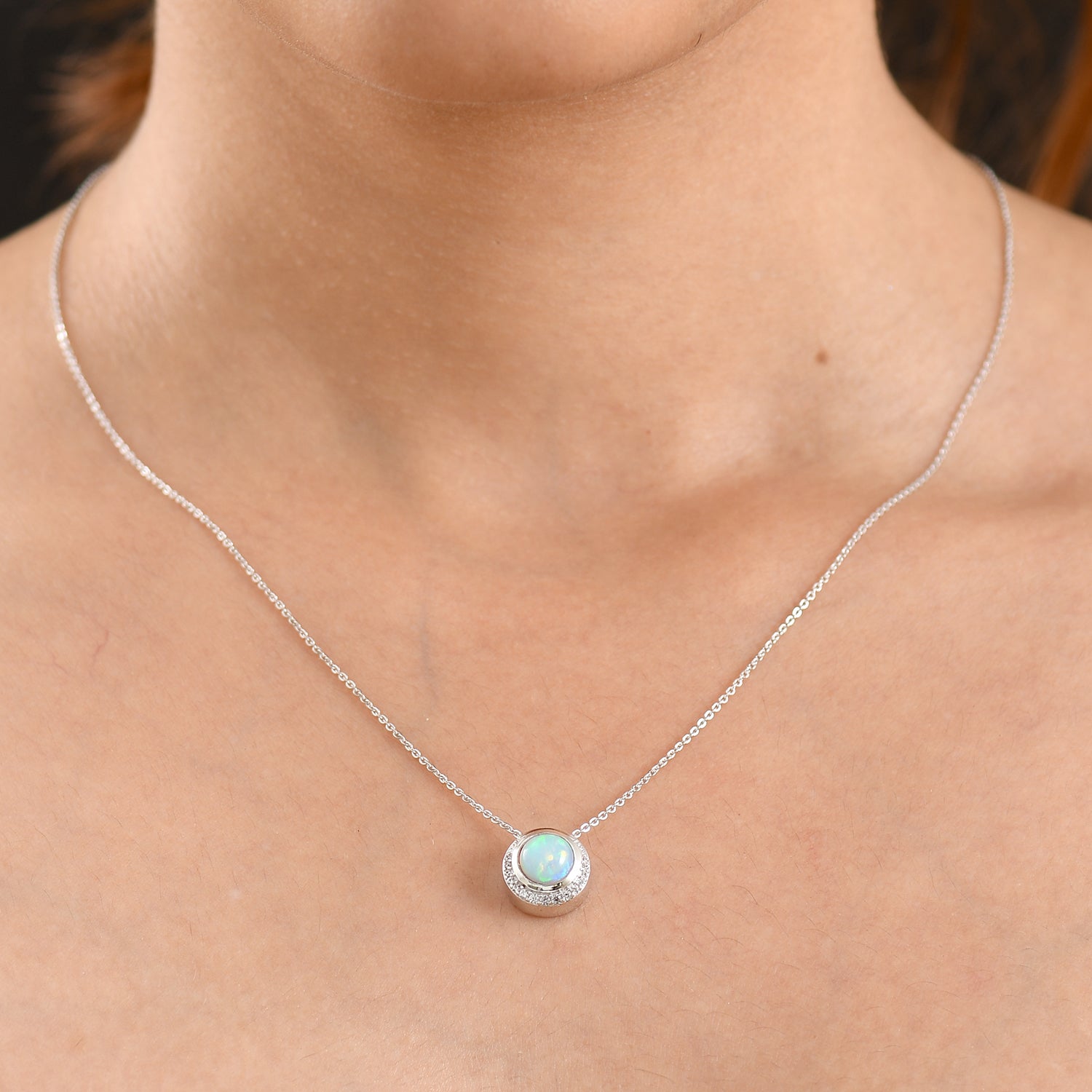 D'Joy - Ethiopian Opal &amp; White Zircon Pendant with Chain (Size 20) in Rhodium Overlay Sterling Silver 1.07 Ct. V32514021 2