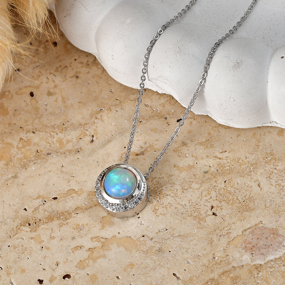 D'Joy - Ethiopian Opal &amp; White Zircon Pendant with Chain (Size 20) in Rhodium Overlay Sterling Silver 1.07 Ct. V32514021 3