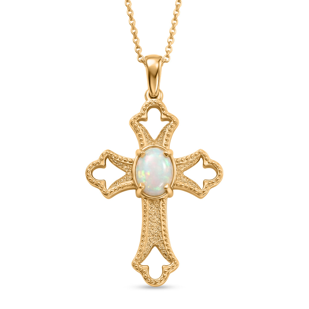 D'Joy - Ethiopian Opal Cross Pendant with Chain (Size 20) in Yellow Gold Plated Sterling Silver_4485411