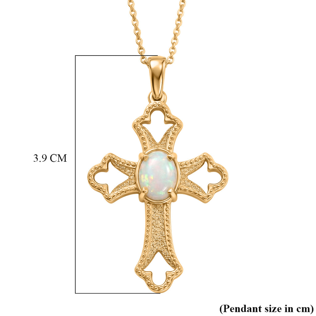 D'Joy - Ethiopian Opal Cross Pendant with Chain (Size 20) in Yellow Gold Plated Sterling Silver