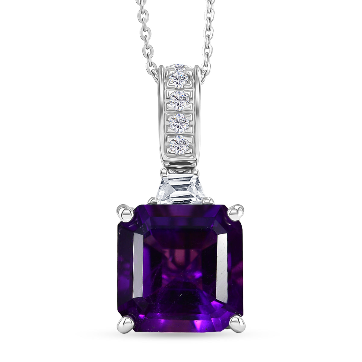 D'Joy - AAA Zambian Amethyst &amp; White Zircon Pendant with Chain (Size 20) in Rhodium Overlay Sterling Silver 6.64 Ct. V32513785 0