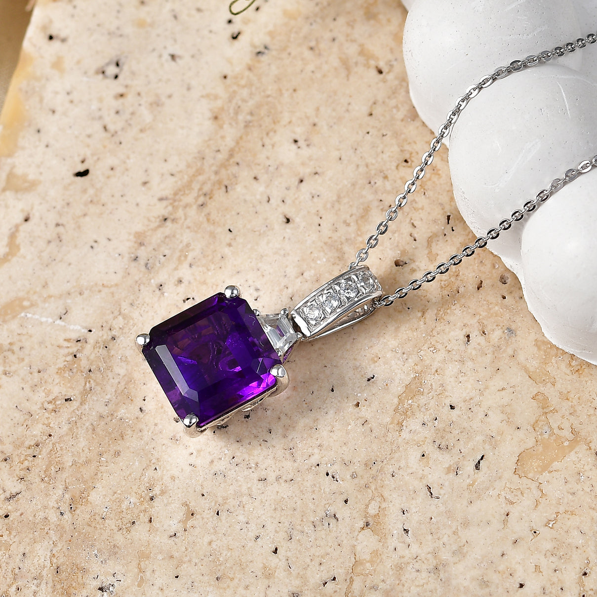 D'Joy - AAA Zambian Amethyst &amp; White Zircon Pendant with Chain (Size 20) in Rhodium Overlay Sterling Silver 6.64 Ct. V32513785 3