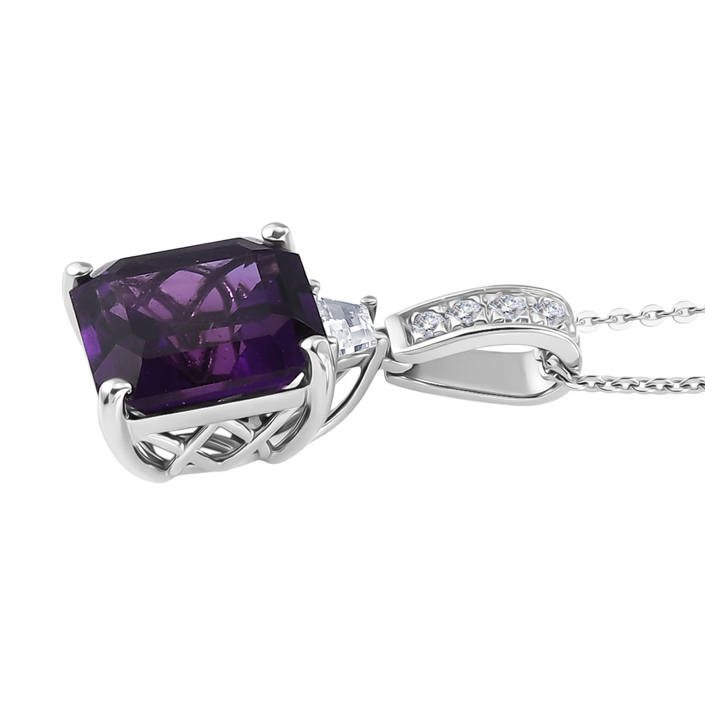 D'Joy - AAA Zambian Amethyst & White Zircon Pendant with Chain (Size 20) in Rhodium Overlay Sterling Silver 6.64 Ct._4485642_3