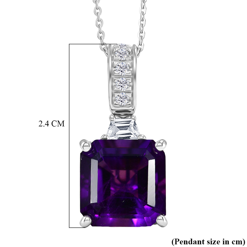 D'Joy - AAA Zambian Amethyst & White Zircon Pendant with Chain (Size 20) in Rhodium Overlay Sterling Silver 6.64 Ct._4485642_6