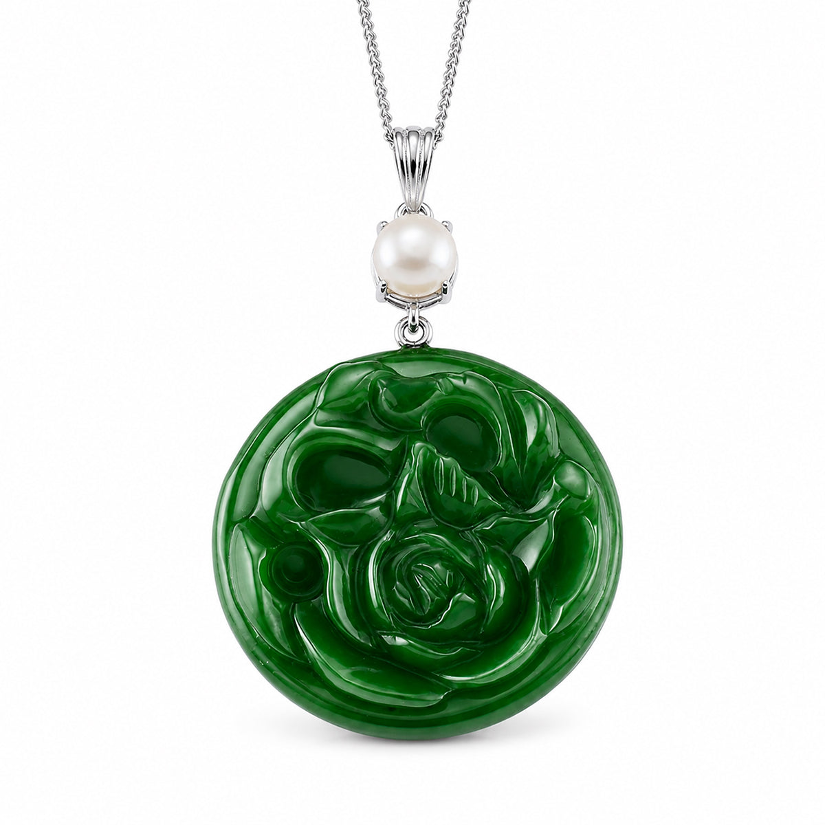 D'Joy - Dyed Green Jade &amp; Fresh Water Pearl Pendant with Chain (Size 18) &amp; Lobster Clasp in Rhodium Overlay Sterling Silver 43.90 Ct. V32554799 0