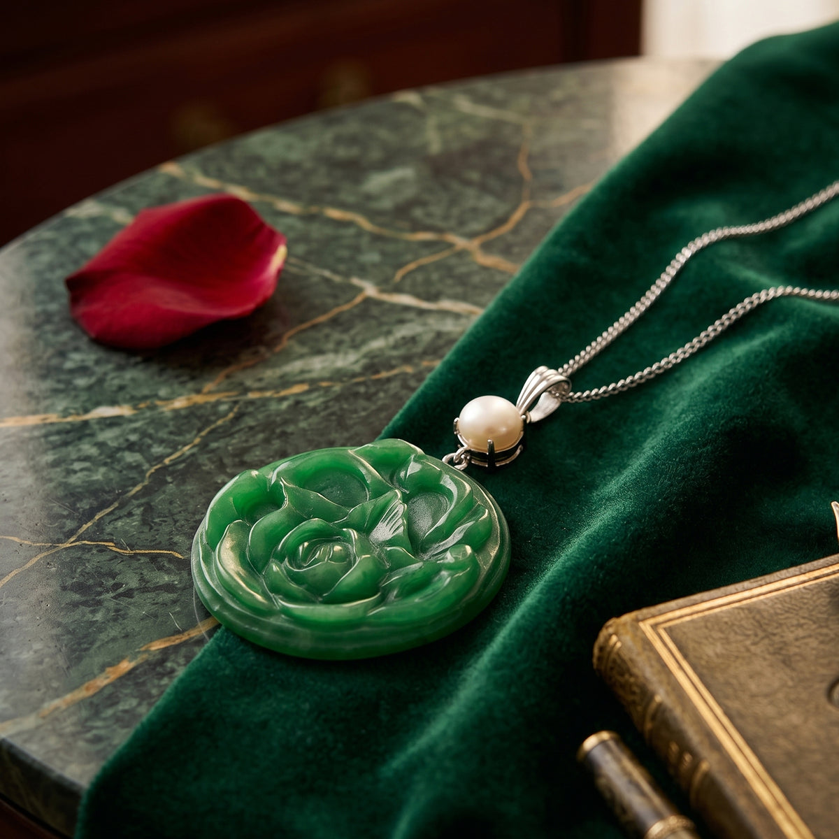 D'Joy - Dyed Green Jade &amp; Fresh Water Pearl Pendant with Chain (Size 18) &amp; Lobster Clasp in Rhodium Overlay Sterling Silver 43.90 Ct. V32554799 3