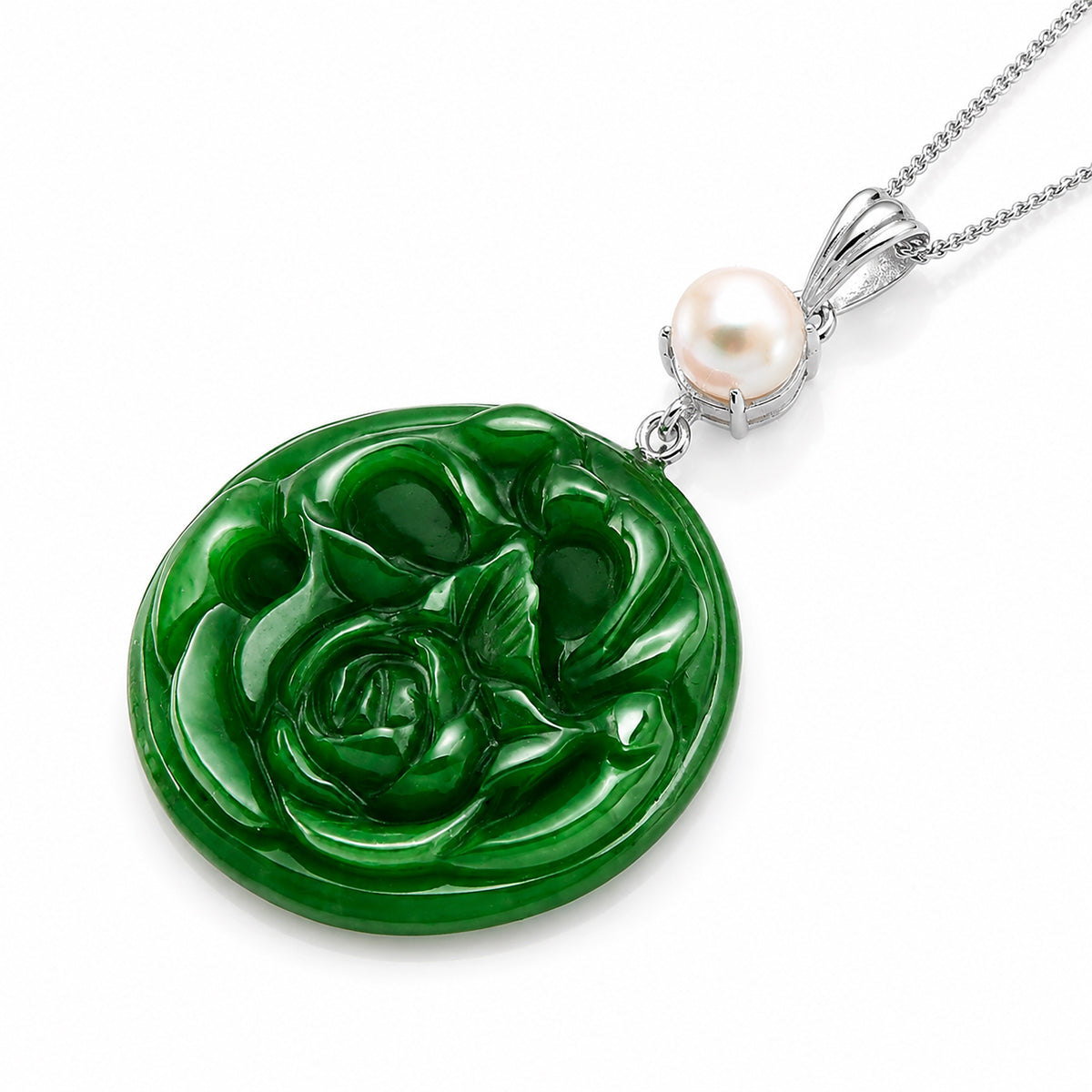 D'Joy - Dyed Green Jade &amp; Fresh Water Pearl Pendant with Chain (Size 18) &amp; Lobster Clasp in Rhodium Overlay Sterling Silver 43.90 Ct. V32554799 4