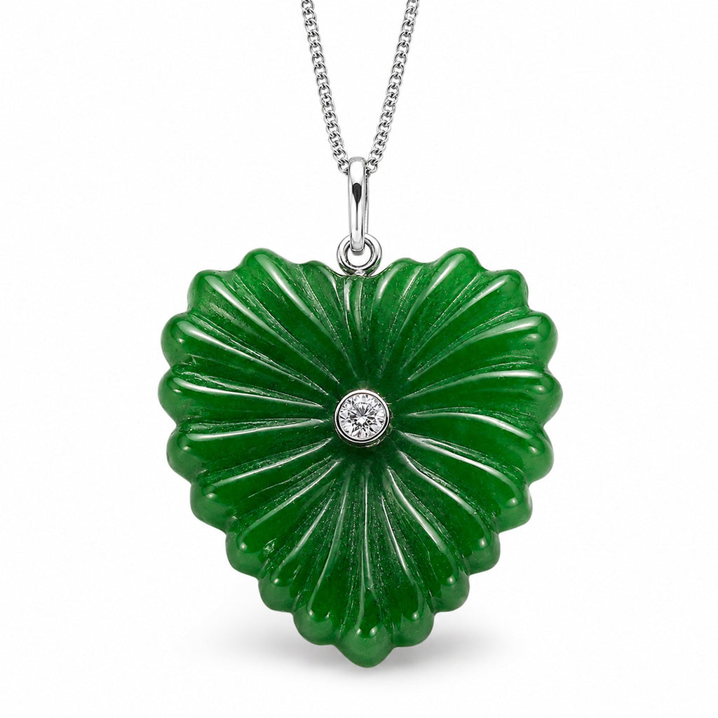 D'Joy - Dyed Green Jade & Lab Grown Diamond Heart Pendant with Chain (Size 18) & Lobster Clasp in Rhodium Overlay Sterling Silver 40.50 Ct._4486312